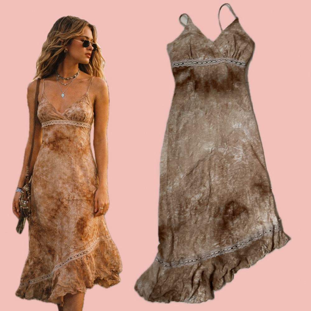 Boho Asymmetrical Slip Dress in Brown